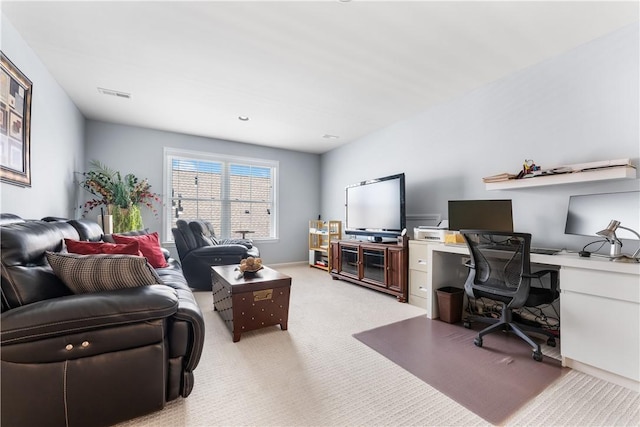 home office with light colored carpet