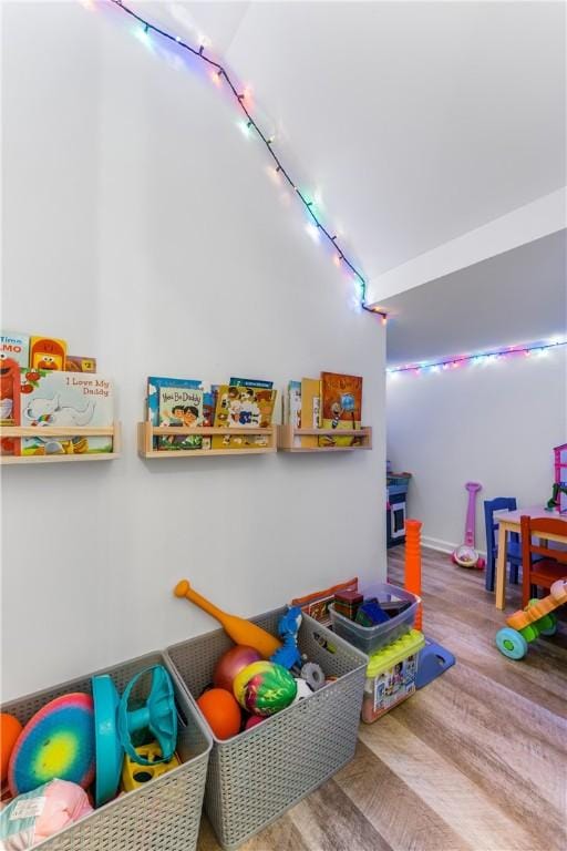 recreation room featuring track lighting and wood finished floors