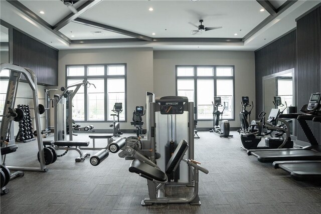 gym featuring carpet, a towering ceiling, ceiling fan, and recessed lighting