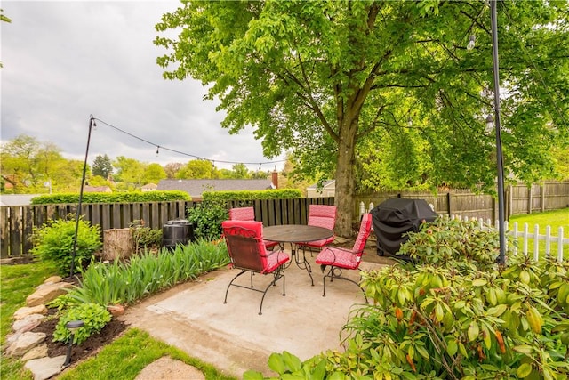 view of patio / terrace with grilling area, a fenced backyard, and outdoor dining space