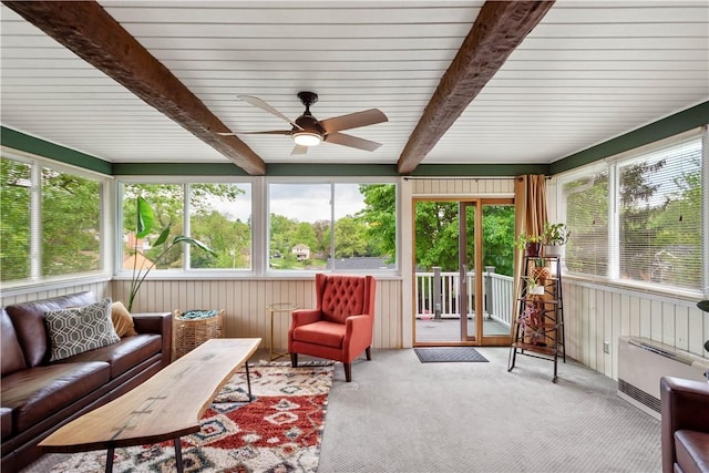 sunroom / solarium featuring ceiling fan, carpet, and beam ceiling