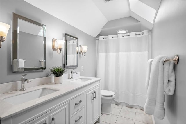 full bath with tile patterned flooring, toilet, double vanity, vaulted ceiling, and a shower with shower curtain