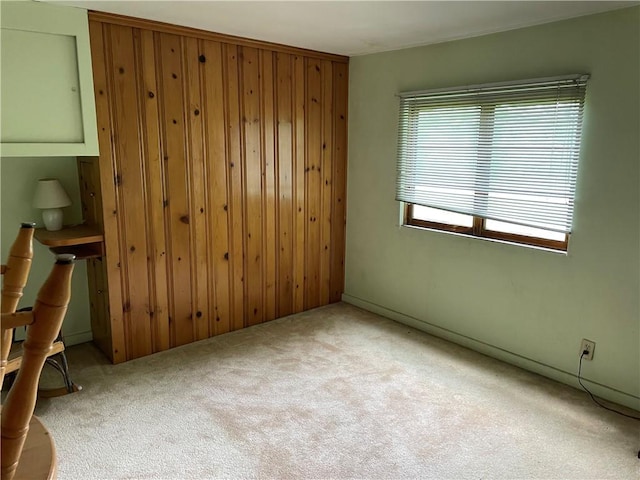 spare room featuring carpet and wood walls