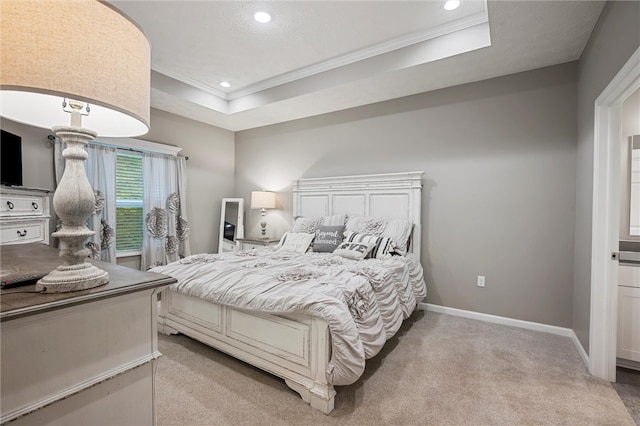 bedroom featuring ornamental molding, light carpet, recessed lighting, and baseboards