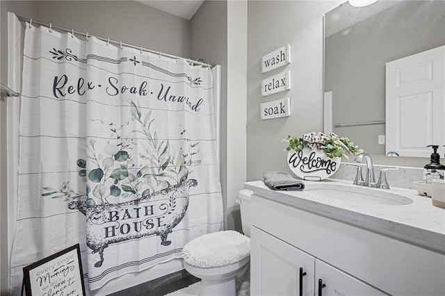 full bath with toilet, vanity, and curtained shower