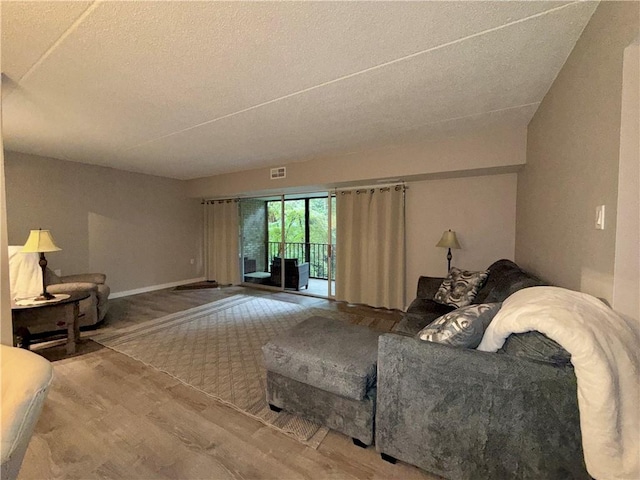 living area featuring wood finished floors and a textured ceiling