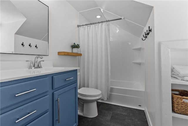 full bath featuring toilet, vanity, and shower / bathtub combination with curtain