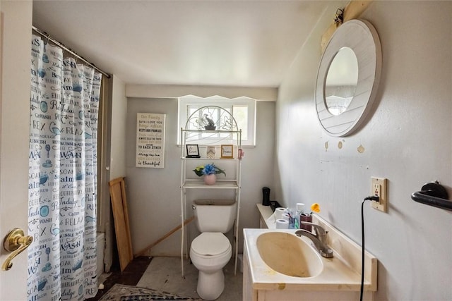 full bathroom with toilet, tile patterned flooring, vanity, and a shower with shower curtain