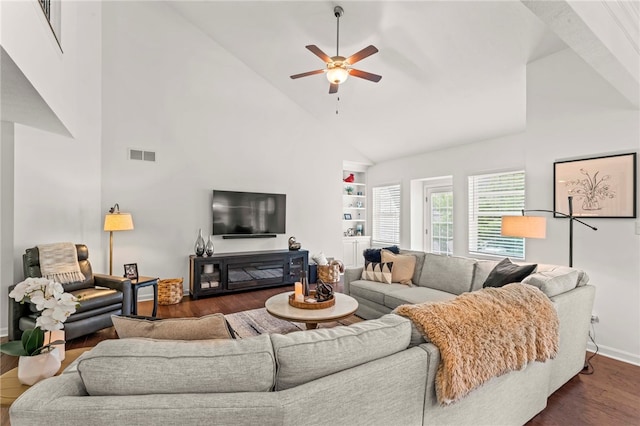 living area with dark wood-style flooring, high vaulted ceiling, a ceiling fan, baseboards, and built in shelves
