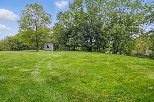 view of grassy yard featuring a storage unit and an outdoor structure