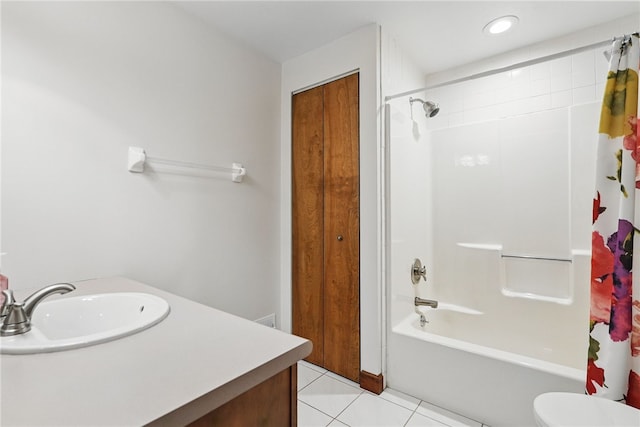 full bath featuring tile patterned flooring, shower / tub combo with curtain, toilet, and vanity