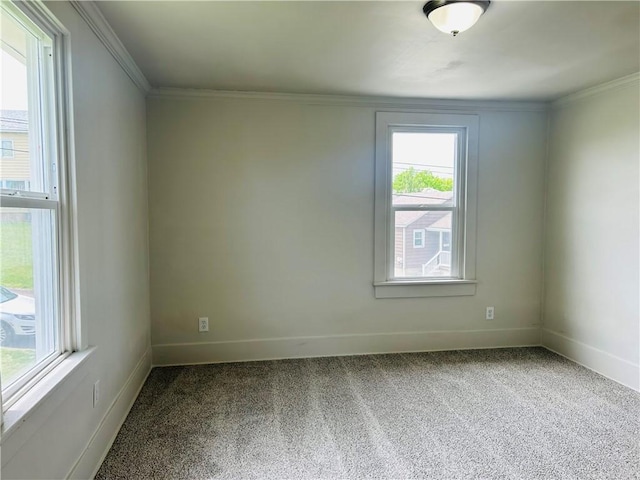 carpeted empty room with plenty of natural light, baseboards, and crown molding