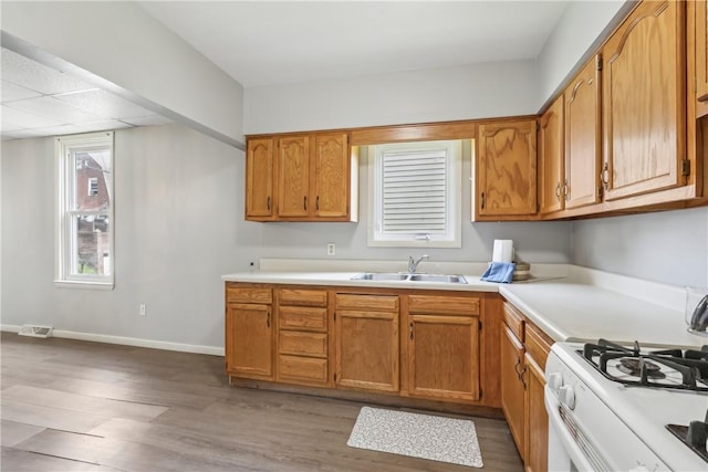 1017 Main St, Coraopolis, PA 15108 - kitchen with white range with gas cooktop, a sink, wood finished floors, and light countertops