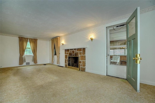 338 Elizabeth Ave, Chalfant Boro, PA 15112 - unfurnished living room with carpet, a stone fireplace, and baseboards
