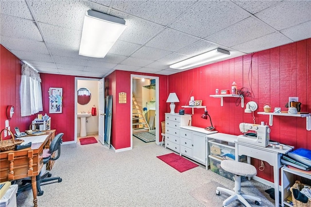 1807 Memorial, Farrell, PA 16121 - carpeted office space with a sink, a drop ceiling, and wooden walls