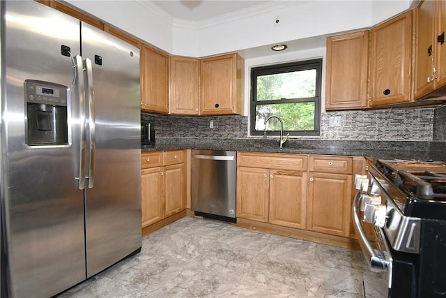 21 Hillson Ave, Brentwood, PA 15227 - kitchen with stainless steel appliances, ornamental molding, backsplash, a sink, and light marble finish flooring