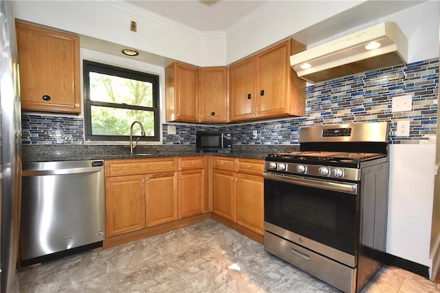 21 Hillson Ave, Brentwood, PA 15227 - kitchen with appliances with stainless steel finishes, crown molding, range hood, tasteful backsplash, and a sink