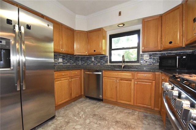21 Hillson Ave, Brentwood, PA 15227 - kitchen featuring appliances with stainless steel finishes, crown molding, brown cabinets, backsplash, and a sink