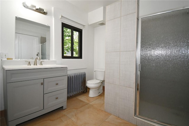 21 Hillson Ave, Brentwood, PA 15227 - full bathroom featuring radiator, a stall shower, vanity, toilet, and tile patterned flooring