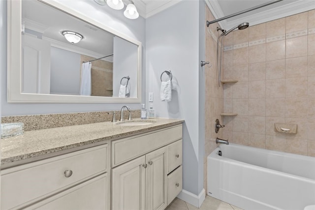 full bath with vanity, ornamental molding, tile patterned flooring, shower / bath combo with shower curtain, and baseboards