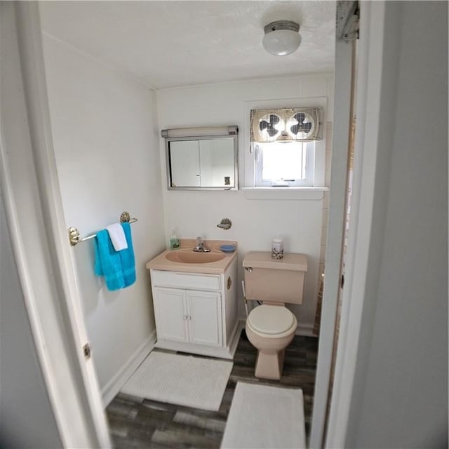 bathroom with vanity, toilet, and wood finished floors