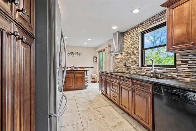 2880 Willowick Ct, South Fayette, PA 15017 - kitchen featuring dishwasher, wall chimney range hood, stainless steel refrigerator with ice dispenser, a sink, and decorative backsplash