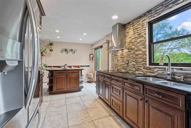 2880 Willowick Ct, South Fayette, PA 15017 - kitchen featuring freestanding refrigerator, wall chimney exhaust hood, a sink, plenty of natural light, and recessed lighting