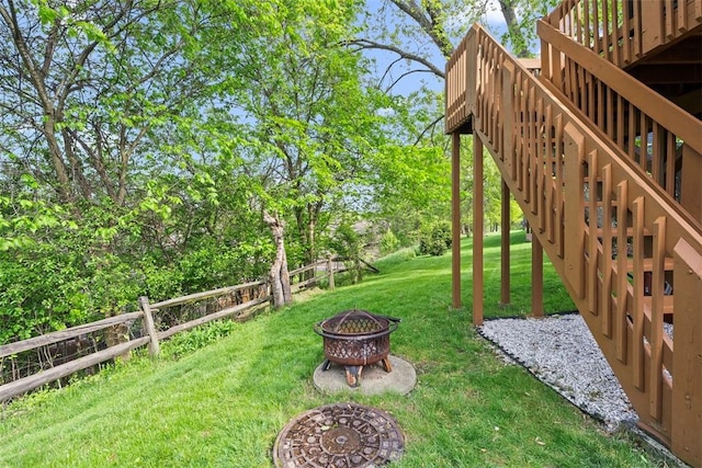 2880 Willowick Ct, South Fayette, PA 15017 - view of yard featuring an outdoor fire pit, stairs, and a wooden deck