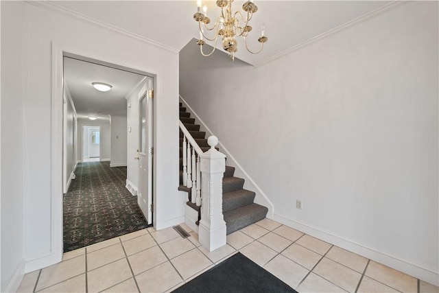 396 4th St, Beaver, PA 15009 - tiled foyer entrance with stairway, crown molding, a chandelier, carpet flooring, and baseboards