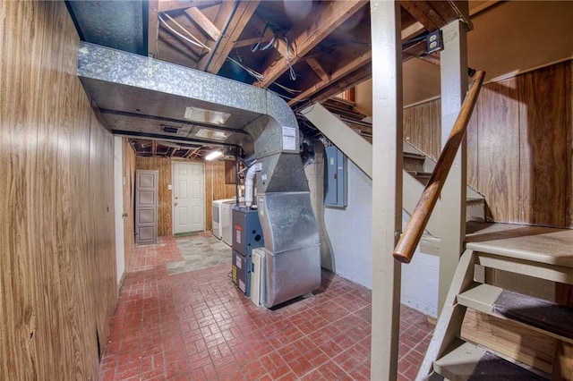 433 Brunner Dr, Monroeville, PA 15146 - unfinished basement featuring brick patterned flooring, electric panel, washer / clothes dryer, stairs, and heating unit