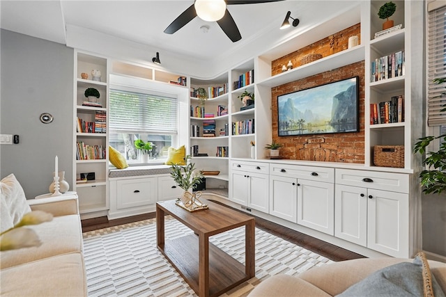 608 N Euclid Ave, East Liberty, PA 15206 - living area featuring built in shelves, ceiling fan, and light wood-style flooring