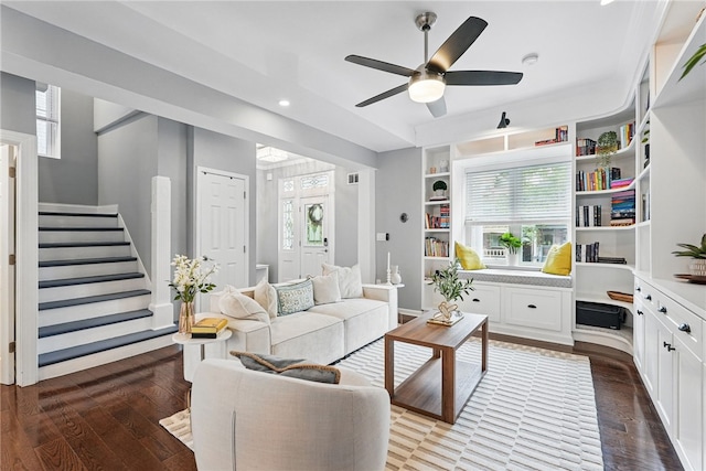 608 N Euclid Ave, East Liberty, PA 15206 - living area featuring stairs, recessed lighting, wood finished floors, and ceiling fan