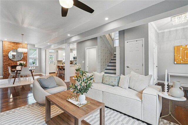 608 N Euclid Ave, East Liberty, PA 15206 - living room featuring ceiling fan, stairs, baseboards, recessed lighting, and wood finished floors