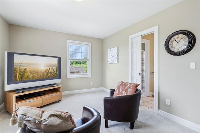 living area with carpet and baseboards
