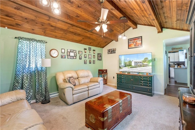 living room featuring carpet, wooden ceiling, baseboard heating, ceiling fan, and baseboards