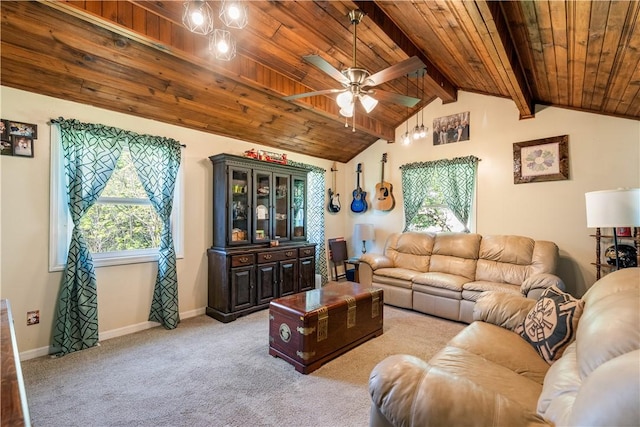 living room featuring wooden ceiling, carpet flooring, ceiling fan, and baseboards