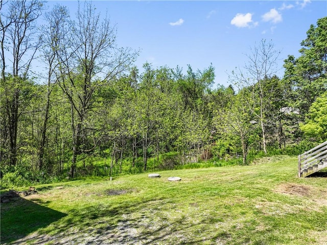 view of grassy yard with a wooded view