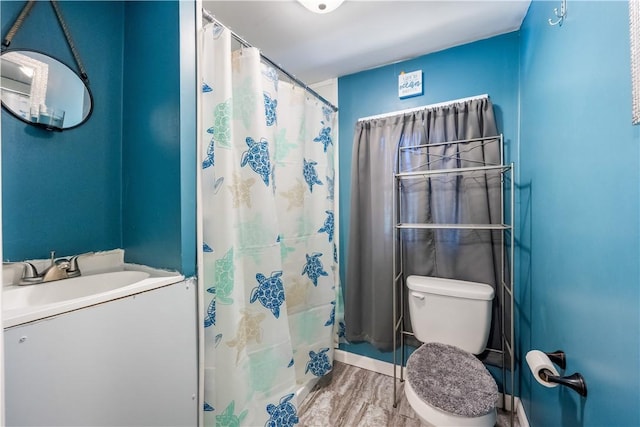 bathroom with wood finished floors, vanity, toilet, and a shower with shower curtain