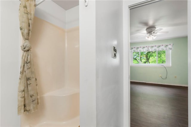 2409 Kenzie Dr, Robinson Twp Nwa, PA 15205 - bathroom featuring a shower, a ceiling fan, wood finished floors, and baseboards
