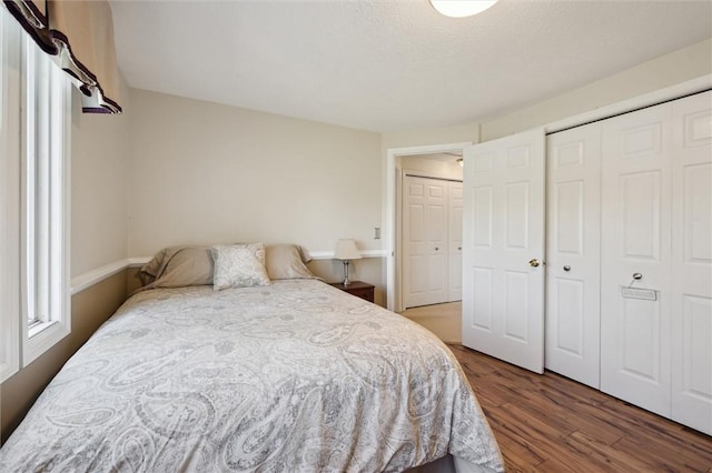 bedroom with wood finished floors and a closet