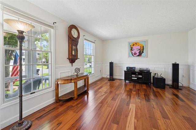 office featuring wood finished floors, a wainscoted wall, and a textured ceiling