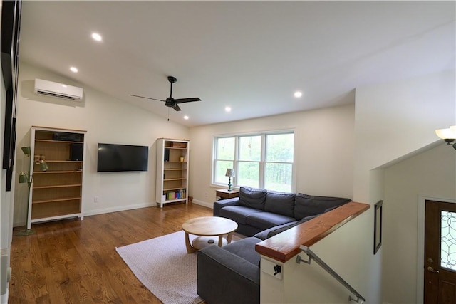 605 E Portersville Rd, Muddy Creek Twp, PA 16051 - living area with a wall unit AC, ceiling fan, dark wood-type flooring, vaulted ceiling, and recessed lighting