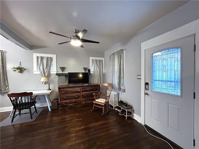 foyer with wood finished floors, radiator heating unit, baseboards, and a ceiling fan