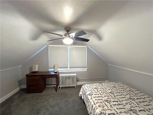 bedroom with radiator, carpet, lofted ceiling, baseboards, and a ceiling fan