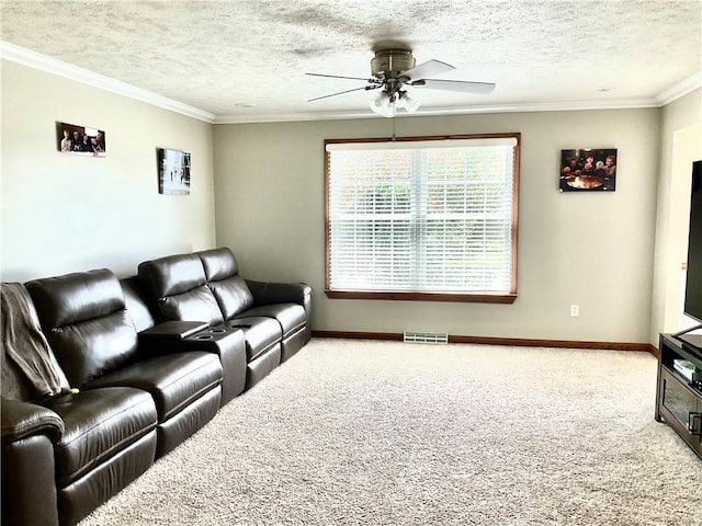 112 Pheasant Ridge Dr, Center Twp But, PA 16001 - living room featuring carpet flooring, ceiling fan, a textured ceiling, baseboards, and crown molding