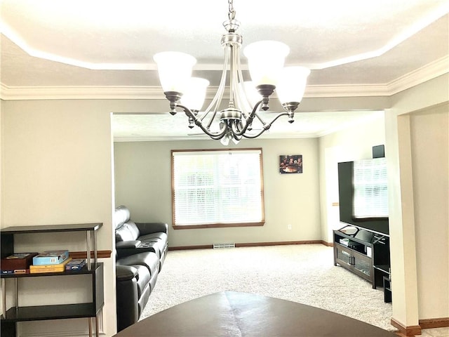 112 Pheasant Ridge Dr, Center Twp But, PA 16001 - living room with a chandelier, carpet floors, crown molding, and baseboards