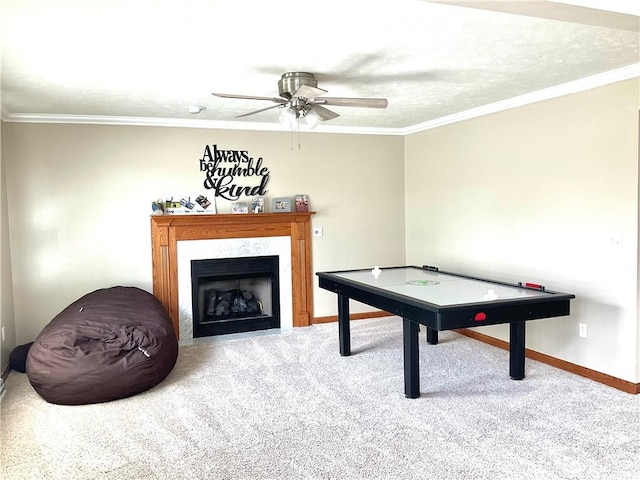 112 Pheasant Ridge Dr, Center Twp But, PA 16001 - recreation room with carpet, ceiling fan, baseboards, a premium fireplace, and ornamental molding