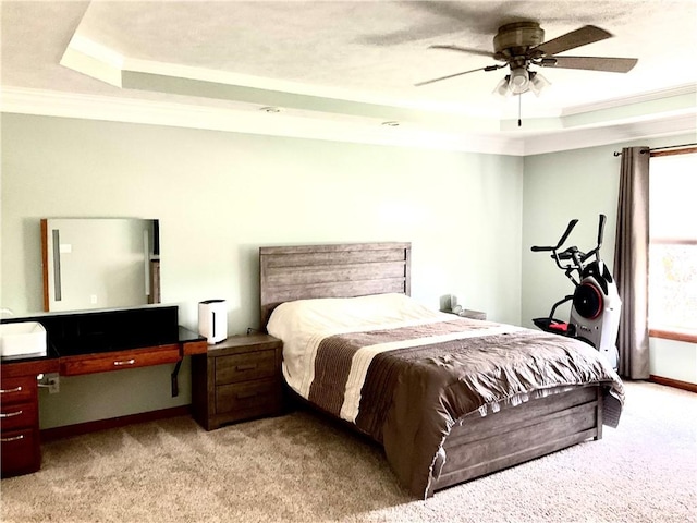 112 Pheasant Ridge Dr, Center Twp But, PA 16001 - bedroom with light colored carpet, crown molding, baseboards, a tray ceiling, and ceiling fan