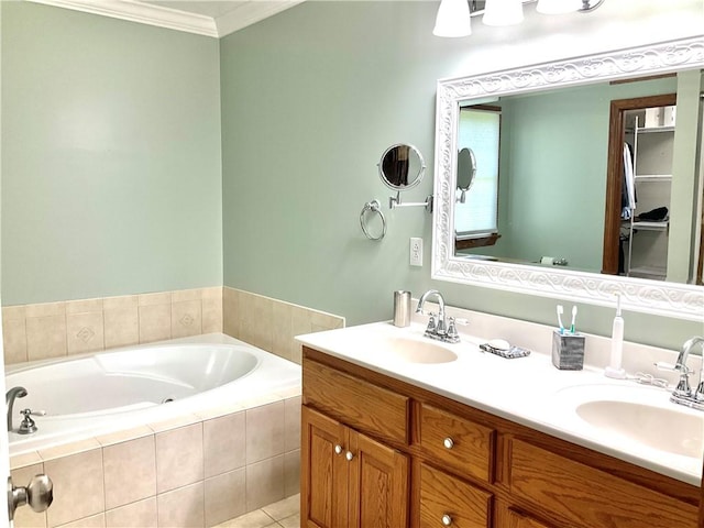 112 Pheasant Ridge Dr, Center Twp But, PA 16001 - bathroom featuring a garden tub, crown molding, double vanity, and tile patterned floors