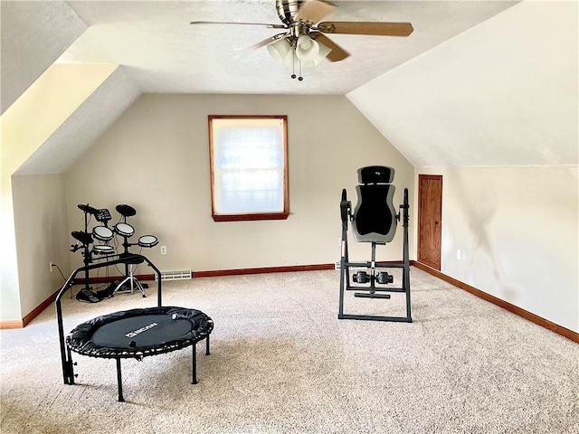 112 Pheasant Ridge Dr, Center Twp But, PA 16001 - workout room with carpet floors, a ceiling fan, baseboards, and vaulted ceiling